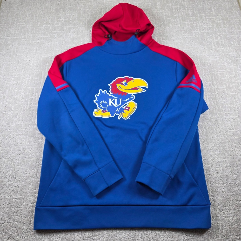 Adidas Kansas Jayhawks Climawarm Hoodie Mens Large Blue Red KU Fleece Sweatshirt